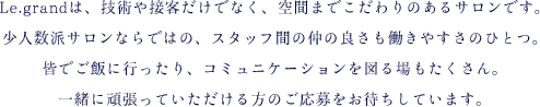 Le.grandは、技術や接客だけでなく、空間までこだわりのあるサロンです。少人数派サロンならではの、スタッフ間の仲の良さも働きやすさのひとつ。皆でご飯に行ったり、コミュニケーションを図る場もたくさん。一緒に頑張っていただける方のご応募をお待ちしています。